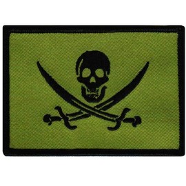 Jolly Roger Calico Jack Flag Embroidered Patch Green Subdued Pirate Skull Iron-On
