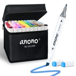 anono 80 Colors Alcohol Markers Set, Coloring Markers with Chisel and Fine Tips, Includes Carrying Case, Suitable for Book Painting and Coloring, White Barrel
