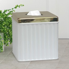 nu steel PAN9H Boutique Cover, Part of Our Panache Accessory Set Resin Square Facial Tissue Box Holder for Bathroom Vanity Countertops,Bedroom Dressers-White/Gold