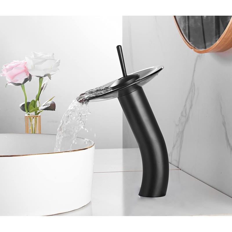Chiczam Waterfall Vessel Faucet, Black, 1 Hole, Lead-Free Solid Brass,