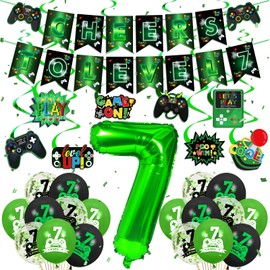 Video Game Theme 7th Birthday Party Decorations for Kids Green Black Cheers to Level 7 Banner Hanging Swirls Level Up 7 Balloons Kit for Boys Girls 7 Years Old Game Controller Birthday Supplies Decor