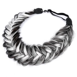 BOBIYA Messy Wide 2 Strands Synthetic Hair Braided Headband Braided Braids Elastic Stretch Braid Headband for Women Girls (Salt Highlighted Pepper)