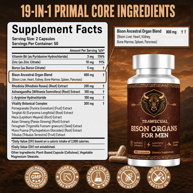 19-IN-1 Primal Bison Organs Supplement for Men, 100 Capsules, Grass‑Fed