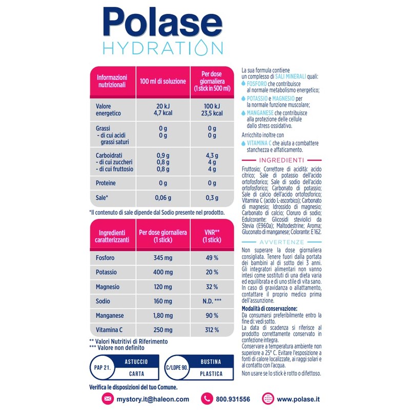 Polase Hydration, Integratore Alimentare Sali Minerali con Magnesio e Potassio