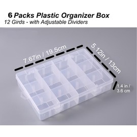 6PCS 12 Grid Plastic Organizer Box Adjustable Divider, Small Tackle Box Organizer for Beads Organizer, Clear Craft Storage Box Fishing Organizer Box for Art DIY Jewelry