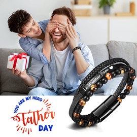 Jbniuay Father's Day Gift Bracelet Men's Dad Bracelet with Engraving – Men's Leather Bracelet Natural Stone Bracelet – Gift for Birthday Christmas Father's Day, Leather