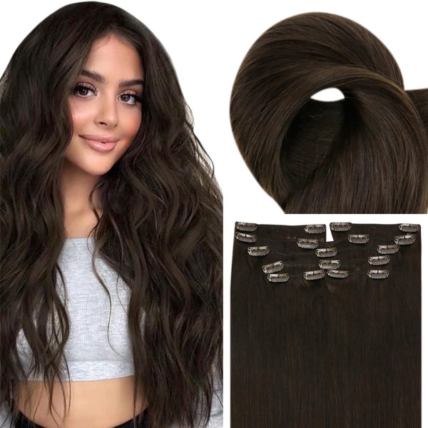 Fshine Clip-In Real Hair Extensions, 45 cm, 18 Inches, 120 g, 7 Pieces, Dark Brown Extensions, Real Hair, Remy Clip-In Hair Extensions, Real Hair Extensions #2