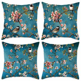 Betadistor Blue Cushion Covers Set of 4, 45cm x 45cm Modern Birds Blue Print Decorative Throw Pillow Cases Home Decor Square Cushion Cover 18x18 Inches, Birds Blue, 511-0217