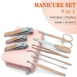 Nail Clippers Manicure Set - 9 In 1 Professional Stainless Steel Nail Scissors Grooming Kit For Women & Man Nail Care Tools Pedicure Kit With Pink PU Leather Zip Case For Travel & Home（ROSE GOLD）