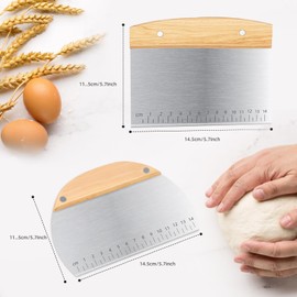 Generic Dough Scraper Cutter, 2Pcs Pizza Cutter, Stainless Steel Dough Cutter with Non-Slip Oak Handles Measuring Scale, Dough Scraper Pizza, Pastry, Bread