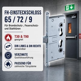 FH Mortice Lock 65/72/9 for Fire Protection & Steel Doors, T30/T90, DIN Left/Right, Backset 65 mm, Distance 72 mm, Square 9 mm, Faceplate 24 x 235 mm, Galvanised - Manufacturer ISEO