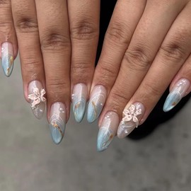 BABALAL Press on Nails Almond Medium Fake Nails Blue Nails Press-on 3D Glue on Nails Supplies Sparkly Shiny Acrylic Nails Handmade Flower Manicure Stick on Nails for Women 24Pcs Stiletto Decoration