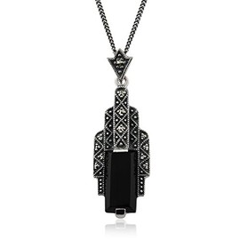 Gemondo Art Nouveau Style 925 Sterling Silver Black Onyx Cabochon & Marcasite Necklace