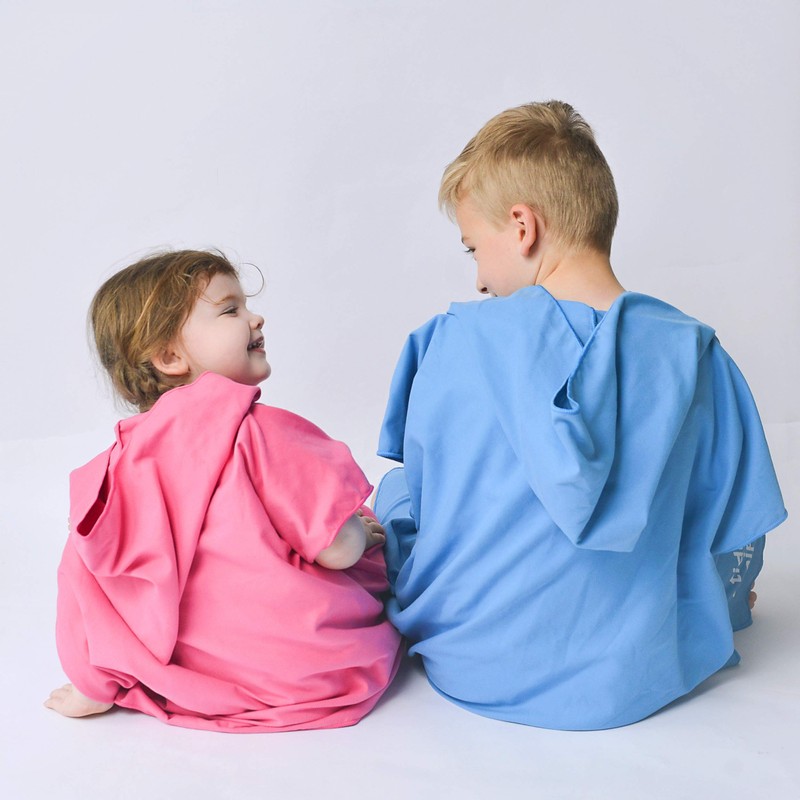 Kids Hooded Microfibre Towel with Carry Bag - Blue/Pink/Grey, Lightweight,