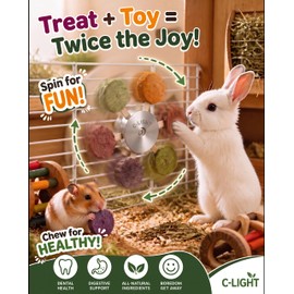 C-LIGHT Guinea Pig Chew Toys, Rotating Spinner + 8 Pcs Timothy Hay Rabbit Chew for Teeth Grind & Digestion, Rust-Proof Aluminum Toy, for Rabbit, Bunny, Chinchilla, Hamster Dental Health (Sliver)
