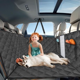 Large Dog Backseat Extender, Hard Bottom Waterproof Anti-Scratch Car Rear Seat Protector Cover with Mesh Window & Pocket 400lbs Load Capacity, Sturdy Heavy Duty Non-Slip Dog Hammock for Car SUV Truck