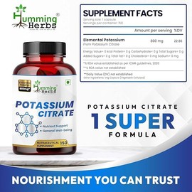 Humming Herbs Potassium Citrate 800mg – 150 Vegan Capsules | Daily Electrolyte & Mineral Support | No Additives | Non-GMO