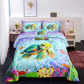 ROWADALO 6 Pieces Sea Turtle Bed in a Bag Queen Size Ocean Theme Comforter Set Ocean Theme Bedding Watercolor Fish Coral Sea Animal Bed Set for Girls Kids Bedroom Decoration,DJT-Sea Turtle-502-Queen