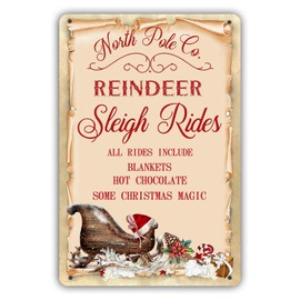 North Pole Reindeer Sleigh Rides Metal Tin Sign Vintage Christmas Sleigh Rides Sign Farmhouse Reindeer Christmas Wall Decor Sign 8x12 inch