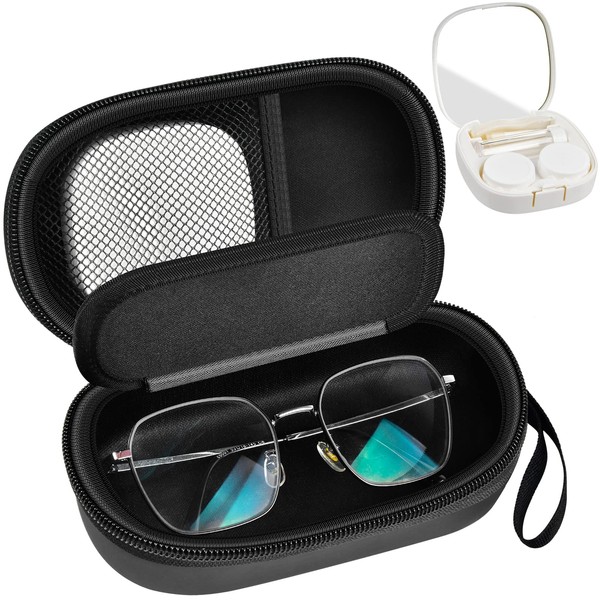 Portable 2 in 1 Contact Lens Case and Glasses Case, Traveling Contact Cases Bag Box Holder with Soak Storage Kit Included Built-in Mirror, Tweezer, Contact Lens Solution Bottle and Hand Strap-Black