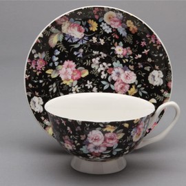 Gracie Bone China Black Petite Rose Teacup And Saucer 8-Ounce (Set of 2)