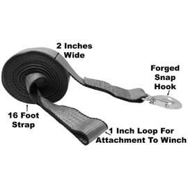 CustomTieDowns 2 Inch x 16 Foot Heavy Duty Replacement Winch Strap, Boat Hook On One End, 1 Inch Loop On Opposite End for Attachment to Winch. (Gray)
