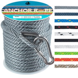 Anchor Rope 100 Ft 3/8 in, Premium Solid MFP Braid Anchor Line with Heavy Duty 316 Stainless Steel Thimble & Snap Hook, Boat Anchor Rope Marine Rope for Anchor and Boat - Grey