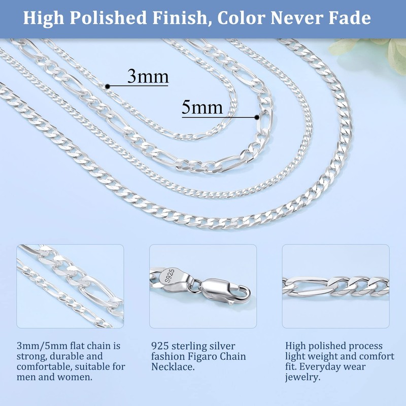 Suplight Figaro Chain Sterling Silver 20 inch Mens Solid Neck
