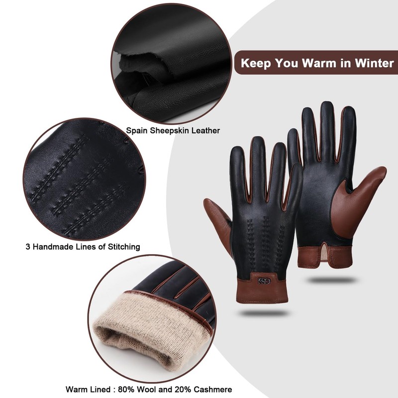 GSG SINCE 1998 Mens Genuine Leather Gloves Cashmere Lined Touchscreen