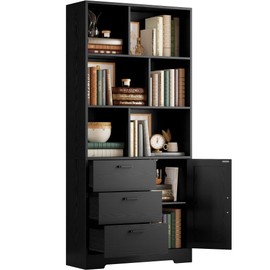 IRONCK Bookshelf with Drawers, 70.9 inch Tall Bookcase with Doors, Bookshelves and Bookcases with Storage, Bookshelf with 6 Open Cubes for Home Office, Living Room, Study, Black