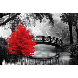 najiaxiaowu Adult Puzzle Classic Jigsaw Puzzle 1000 Pieces Wooden Puzzle DIY Black and White Bridge and Red Tree Modern Home Decor Intellectual Game Wall Art Unique Gift 75x50cm