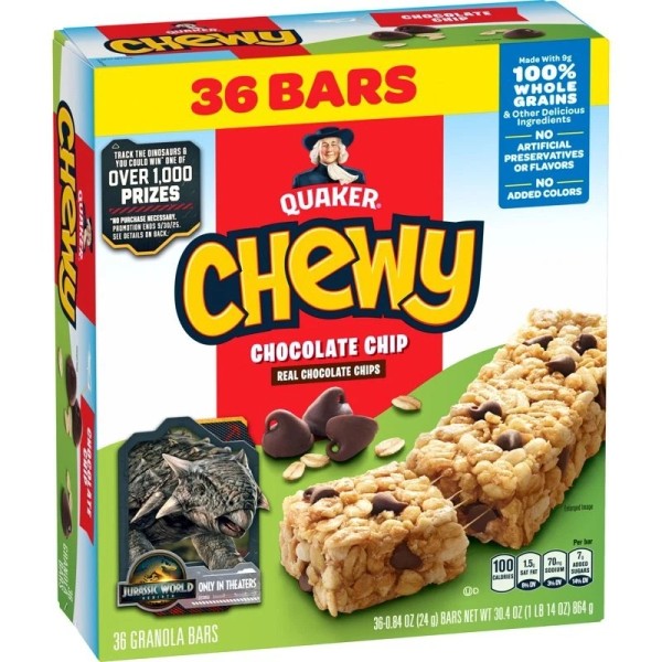 Quaker Chewy Granola Bars, Chocolate Chip Flavor, 0.84 oz, 36