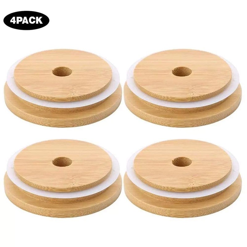 4 Pack 86mm Wide Mouth Bamboo Mason Jar Lids with