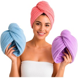 BEE VIBES Turbante Toalla de Microfibra para Cabello, 2 Pack secado rápido, súper absorbente, con botón, baño, spa, viajes, gimnasio, rosa, azul y morado