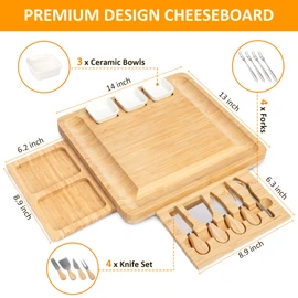 Charcuterie Board Set - FamRica Cheese Board with 2 Drawers, Bamboo Cheese Tray Serving - Unique, Wedding, Housewarming, Birthday Gifts
