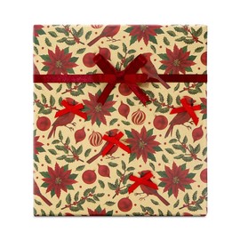 Vintage Red Cardinal Bird in Tree Branch With Red Berries and Poinsettia Flower Leaves and Red Ball Winter Kraft Holly Wrapping Paper 4 Sheets : 20 x 28 inch Per Sheet,15 sq. ft. ttl Gift Wrap For Xmas Holiday