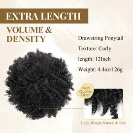 Afro Puff Kinky Curly Drawstring Ponytail Extension for Black Women - Synthetic Short Afro Kinkys Curly Afro Bun Extension Hairpieces Updo Pony Tails Hair Extensions (12inch,1B Natural Black)