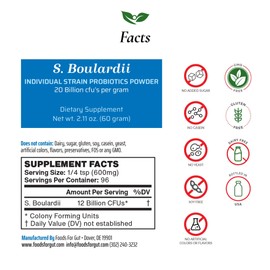Foods For Gut Saccharomyces Boulardii Probiotic Powder 20 Billion cfu's | No Additives | Digestive & Immune Support | High Potency | S. Boulardii | 60 Grams (2.11 Oz)
