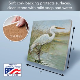 Coastal Egret Decorative Heat Tolerant Stone Trivet with Non-Skid Cork Backing 8” Square Artistic, Durable, Easily Wipes Clean