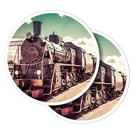 Vinyl Round Stickers (Set of 2) 7.5cm - Old Steam Locomotive Vintage Train for Laptops, Tablets, Luggage, Scrap Booking, Fridges #51600