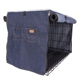 Wrangler Denim Dog Crate Cover – Durable, Breathable & Stylish Dog Kennel Cover with Rollable Panels & Front Pocket for Accesories - Machine Washable Crate Covers for Dog Cages (M)