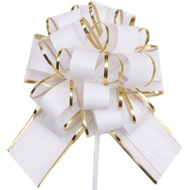 10pcs 6 Inch Large Big Pull Bow with Gold Edge, Car Gift Wrapping Bows Ribbon for Gift Wrapping, Wedding Cars, Baskets,Christmas Wrapping, Party Decorations (White)