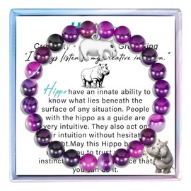 MollyQueen Hippo Bracelet for Women Hippo Gifts Hippopotamus Jewelry Purple Natural Stone Bead Bracelet Inspirational Animal Gifts (Purple Hippo Bracelet)