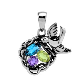 Silvershake Genuine London Blue Topaz, Green Peridot and Purple African Amethyst 925 Sterling Silver Bird Nest Gemstone Pendant Family Birthstone Jewelry