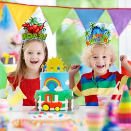 12 Pieces Happy Birthday Headbands, Dinosaur Party Hats, Dinosaur Hats for Kids, Dinosaur Party Favors, 3 Patterns