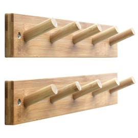 SKOLOO Wooden Wall Mounted Coat Rack,16'' Hole to Hole, 5 Pegs Bamboo Wall Hook for Hanging Clothes Robes Towels Hats,Natural Gold