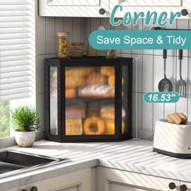 Vriccc Corner Bread Box, Large Bamboo Bread Box for Kitchen Countertop, 2 Tier Wooden Bread Storage, Black