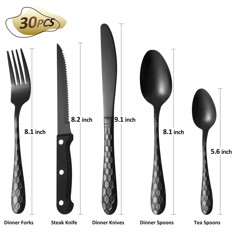 30 Pcs Black Hammered Silverware Set Service for 6,with Steak