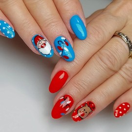 Christmas Press on Nails Blue Red Short Square Fake Nails with Designs Cute Elk Santa Claus False Nail Press ons Xmas Lights Stick on Nail Full Cover Winter Glue on Nails for Women Manicure 24 Pcs
