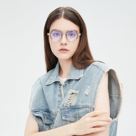 WDZAYXC Round Polarized Sunglasses with Thick Frame for Men and Women, Transparent Grey/Blue Light Filter